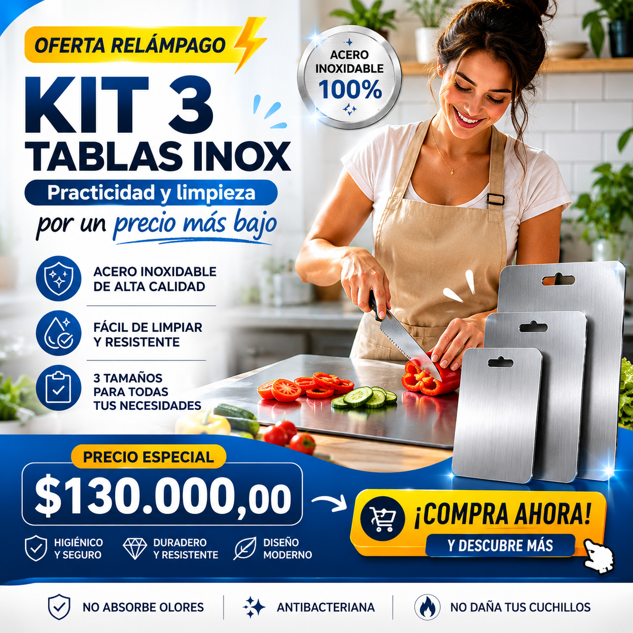 SET X3 TABLA CORTAR COCINA ACEROINOX - ENVÍO GRATIS